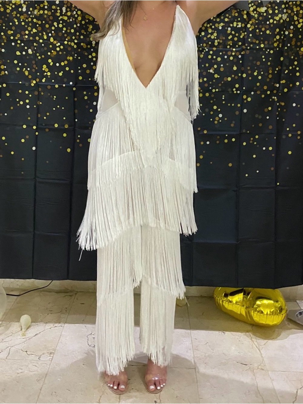 Meshki White Fringe Wide-Leg Jumpsuit